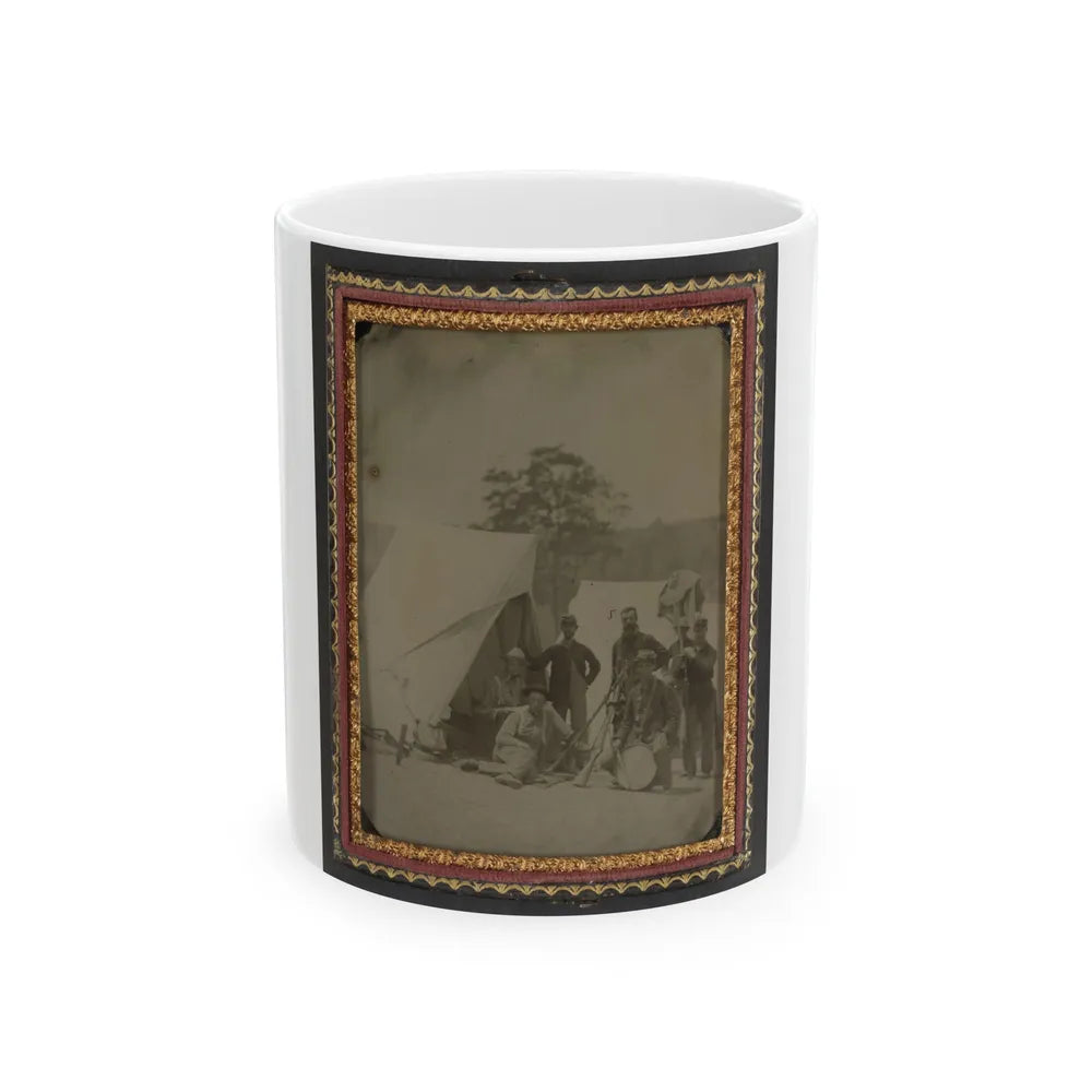 Seven Unidentified Soldiers In Union Uniforms With Drum And Stacked Rifles In Front Of Tent (U.S. Civil War) White Coffee Mug-11oz-Go Mug Yourself