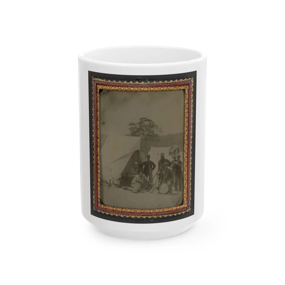 Seven Unidentified Soldiers In Union Uniforms With Drum And Stacked Rifles In Front Of Tent (U.S. Civil War) White Coffee Mug-15oz-Go Mug Yourself