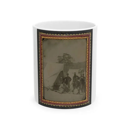 Seven Unidentified Soldiers In Union Uniforms With Drum And Stacked Rifles In Front Of Tent (U.S. Civil War) White Coffee Mug 11oz - Go Mug Yourself