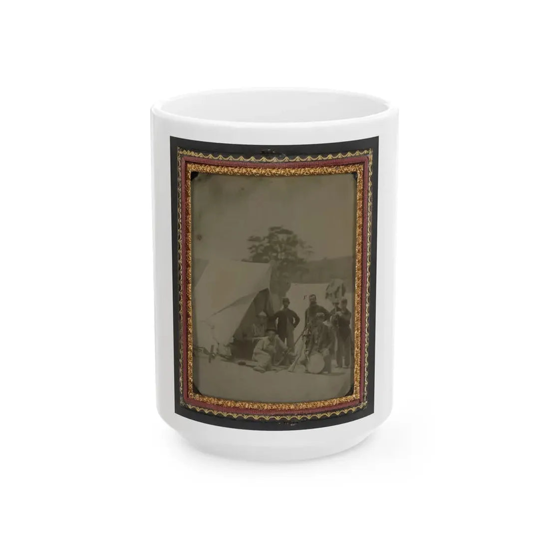 Seven Unidentified Soldiers In Union Uniforms With Drum And Stacked Rifles In Front Of Tent (U.S. Civil War) White Coffee Mug 15oz - Go Mug Yourself