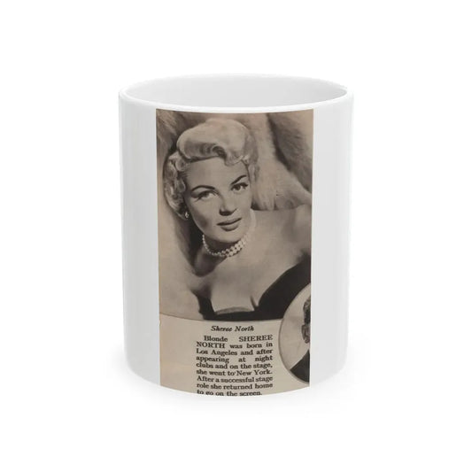 Sheree North #342 - 2.5x4.25 Small B&W Glamour Portriat Clipping with, Caption from 1950's Movie Star Magazine (Vintage Female Icon) White Coffee Mug 11oz - Go Mug Yourself