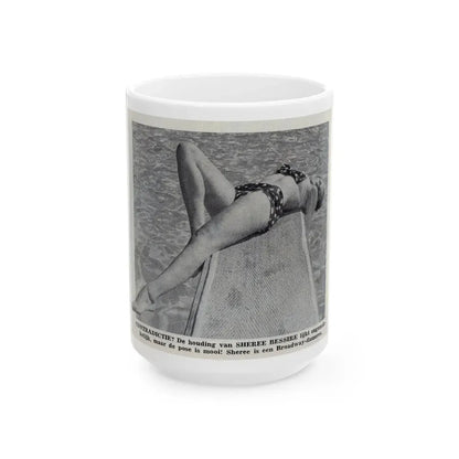 Sheree North #366 - 1 Medium B&W Cheesecake Photo in 2-Piece Bikini from on Page 7 from DE LACH Dutch Film Star Mag. 12-30-55 (Vintage Female Icon) White Coffee Mug 15oz - Go Mug Yourself