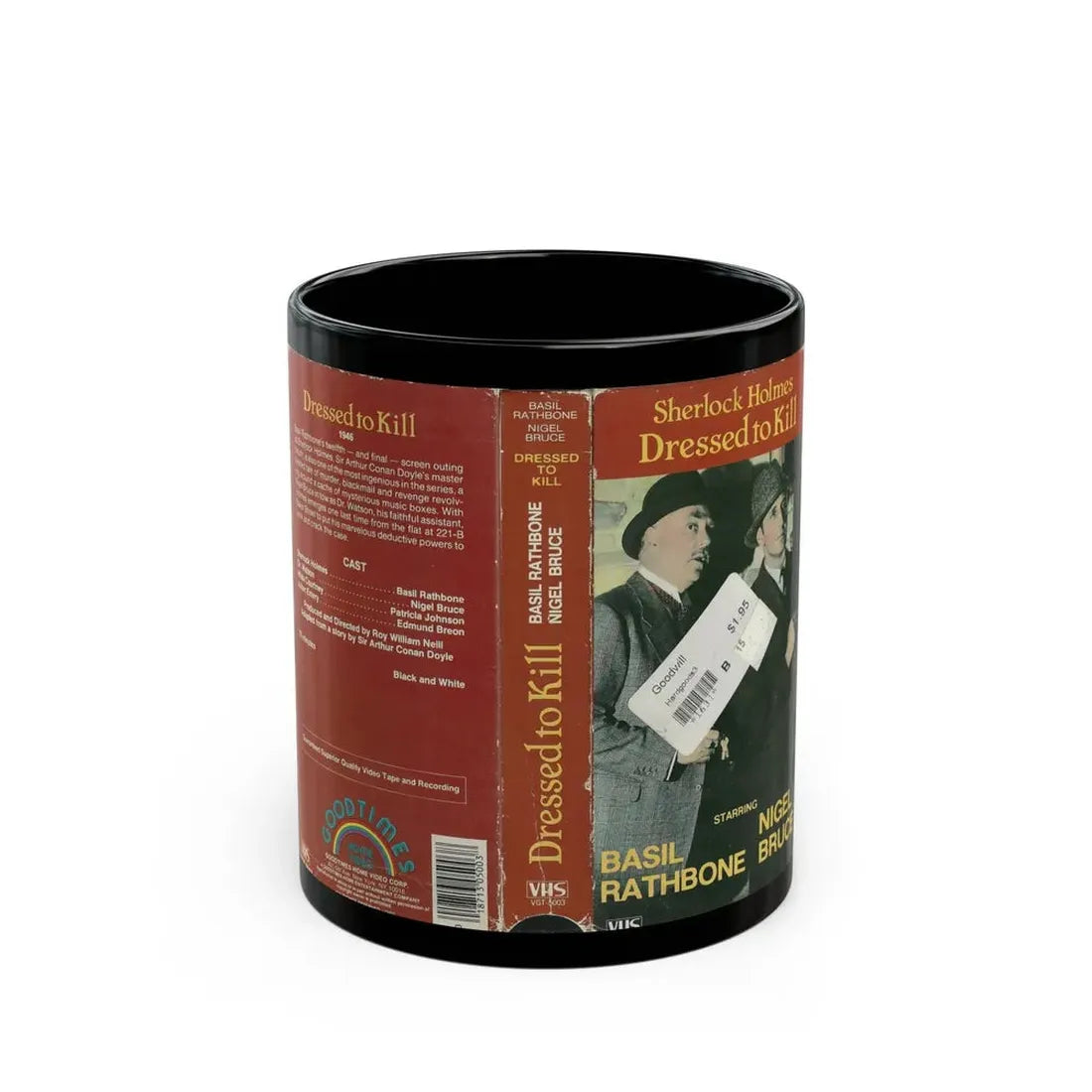SHERLOCK HOLMES DRESSED TO KILL BASIL RATHBONE NIGEL BRUCE (VHS COVER) - Black Coffee Mug 11oz - Go Mug Yourself