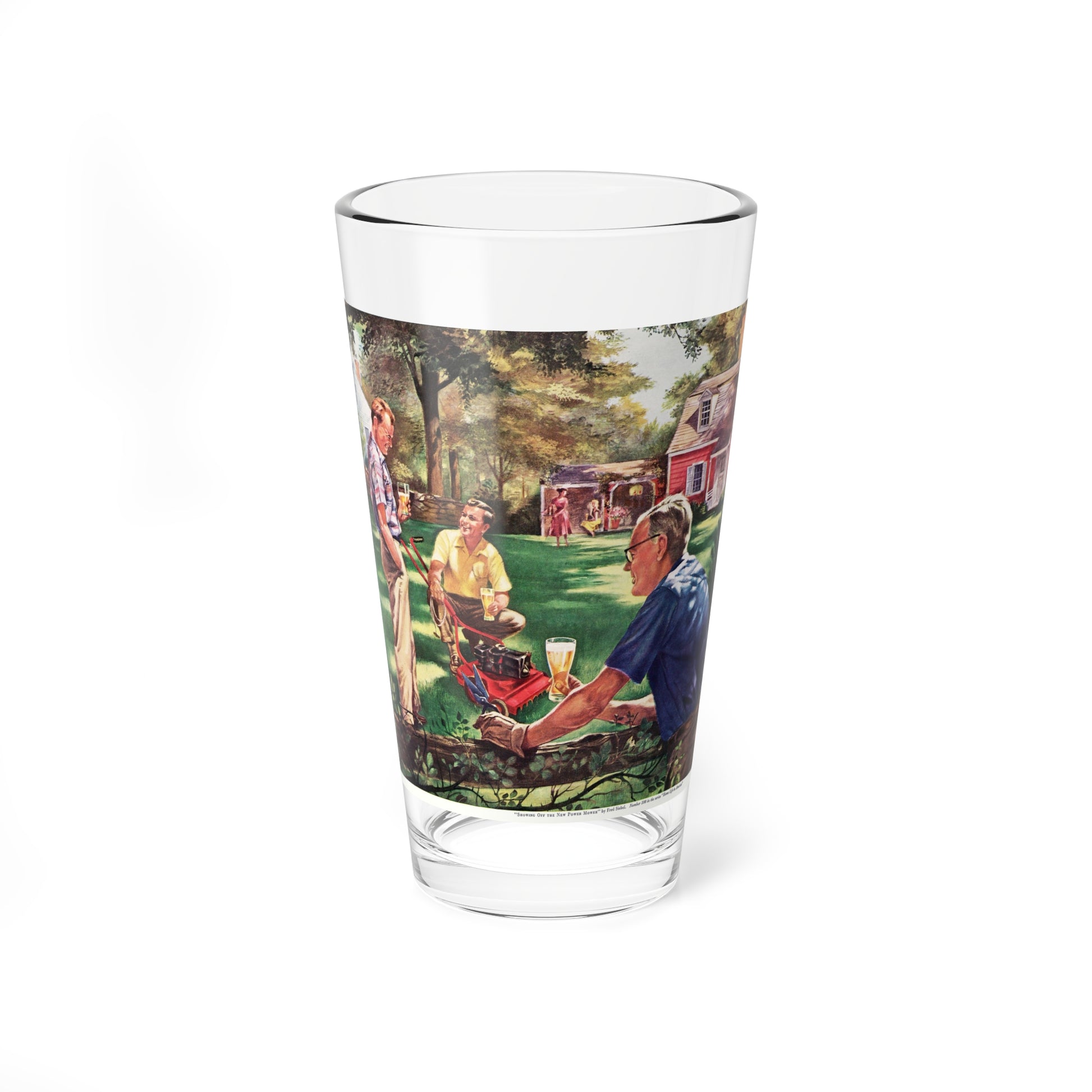 Showing Off the New Power Mower, 1955 (Magazine Illustration) Pint Glass 16oz-16oz-Go Mug Yourself