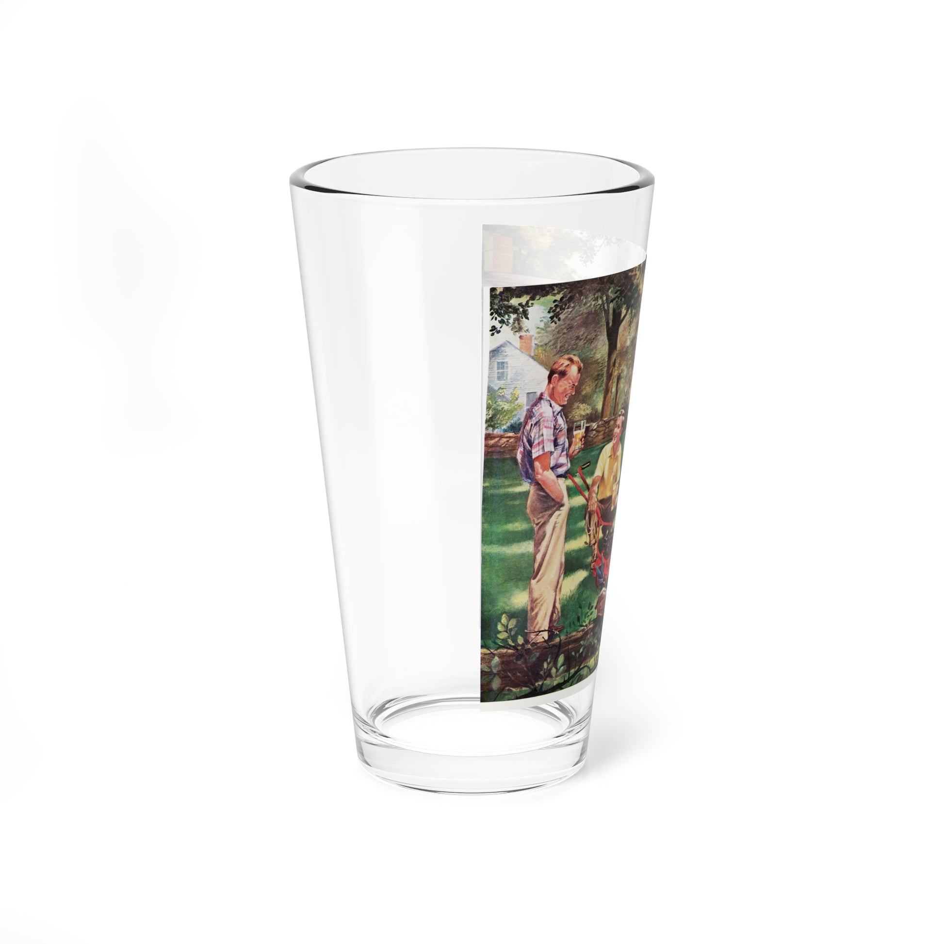 Showing Off the New Power Mower, 1955 (Magazine Illustration) Pint Glass 16oz-Go Mug Yourself