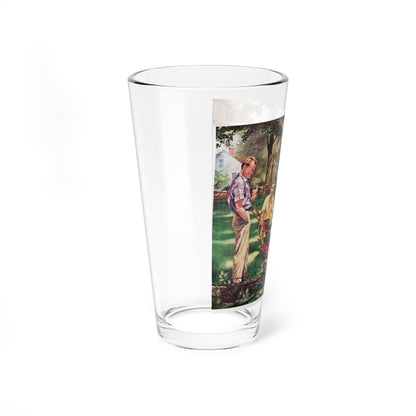 Showing Off the New Power Mower, 1955 (Magazine Illustration) Pint Glass 16oz-Go Mug Yourself