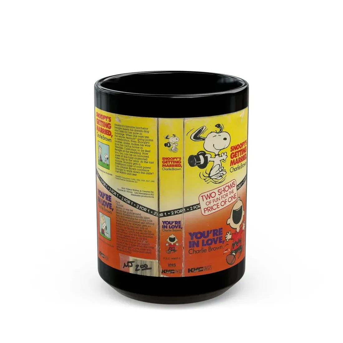 SNOOPYS GETTING MARRIED CHARLIE BROWN AND YOURE IN LOVE CHARLIE BROWN (VHS COVER) - Black Coffee Mug 15oz - Go Mug Yourself