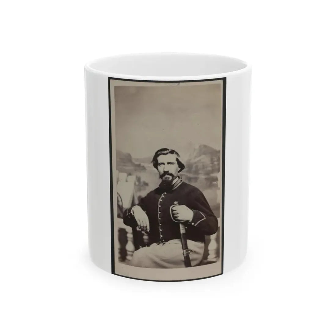 Soldier Named Halsey In Union Uniform With Sword In Front Of Painted Backdrop (U.S. Civil War) White Coffee Mug 11oz - Go Mug Yourself