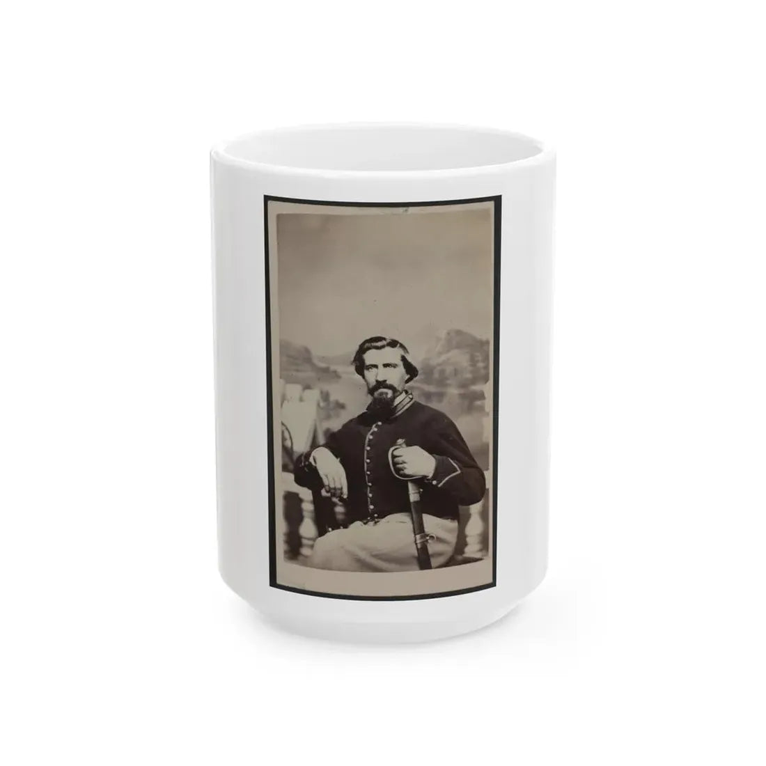 Soldier Named Halsey In Union Uniform With Sword In Front Of Painted Backdrop (U.S. Civil War) White Coffee Mug 15oz - Go Mug Yourself