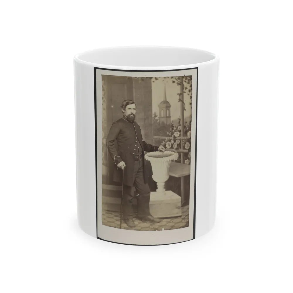 Soldier Named Russell In Uniform With Cane And Prop In Front Of Painted Backdrop (U.S. Civil War) White Coffee Mug-11oz-Go Mug Yourself