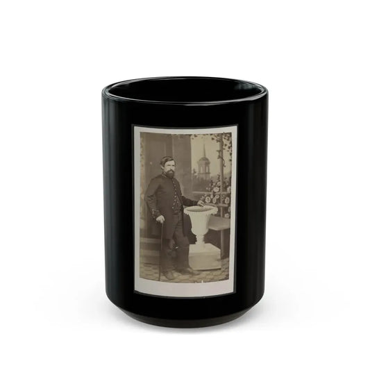 Soldier Named Russell In Uniform With Cane And Prop In Front Of Painted Backdrop (U.S. Civil War) Black Coffee Mug 15oz - Go Mug Yourself