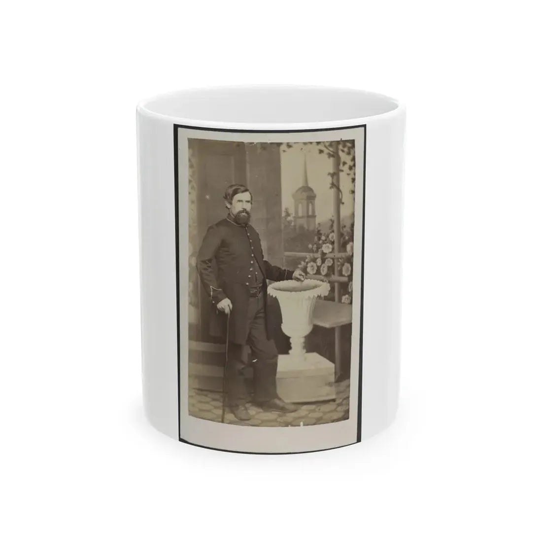 Soldier Named Russell In Uniform With Cane And Prop In Front Of Painted Backdrop (U.S. Civil War) White Coffee Mug 11oz - Go Mug Yourself