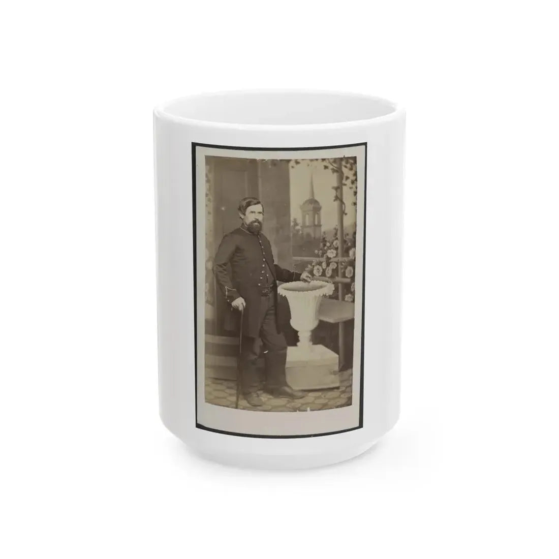 Soldier Named Russell In Uniform With Cane And Prop In Front Of Painted Backdrop (U.S. Civil War) White Coffee Mug 15oz - Go Mug Yourself