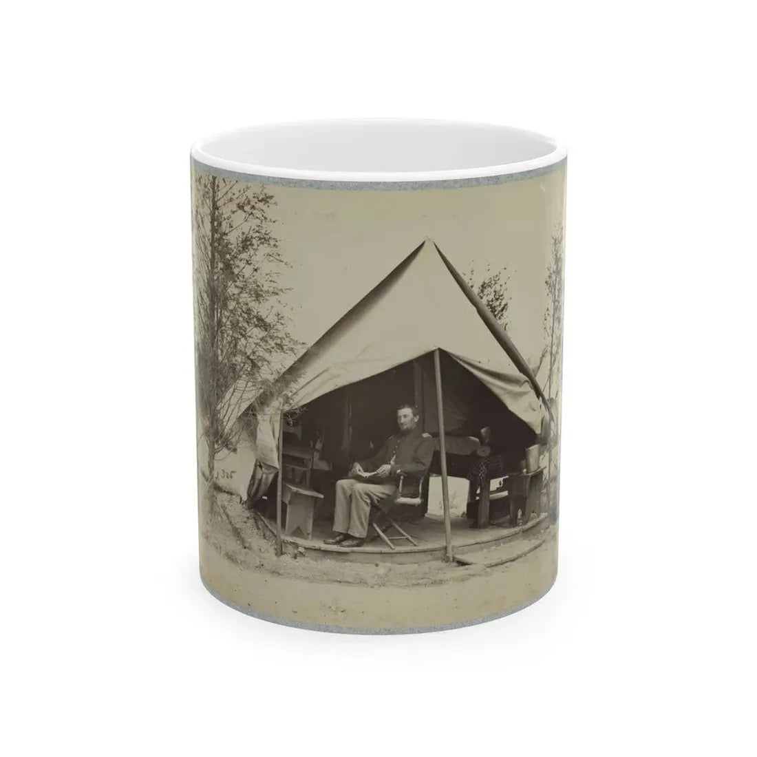 Soldier Sitting Inside His Tent (U.S. Civil War) White Coffee Mug 11oz - Go Mug Yourself