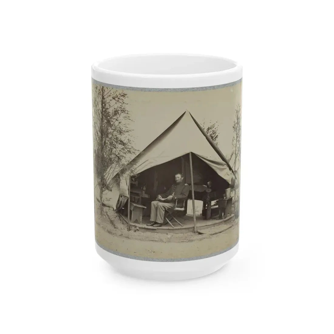 Soldier Sitting Inside His Tent (U.S. Civil War) White Coffee Mug 15oz - Go Mug Yourself