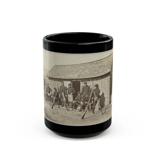 Soldiers Outside A Log Cabin Winter Quarters, Identified As  Pine Cottage (U.S. Civil War) Black Coffee Mug 15oz - Go Mug Yourself