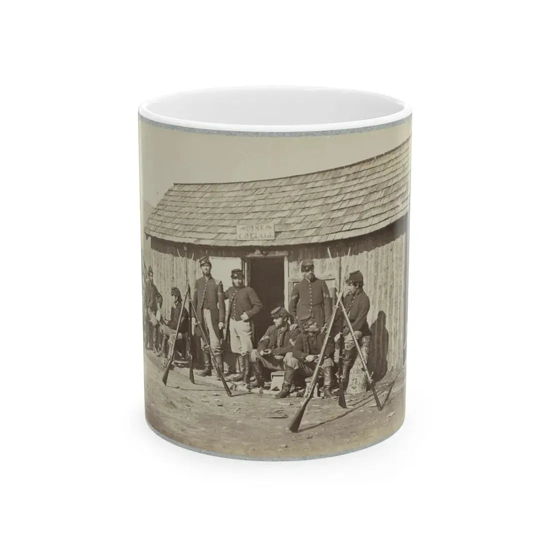 Soldiers Outside A Log Cabin Winter Quarters, Identified As  Pine Cottage (U.S. Civil War) White Coffee Mug 11oz - Go Mug Yourself