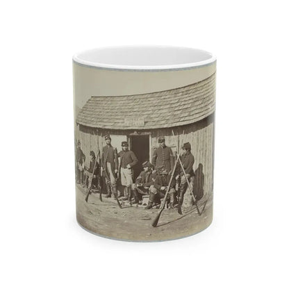 Soldiers Outside A Log Cabin Winter Quarters, Identified As  Pine Cottage (U.S. Civil War) White Coffee Mug 11oz - Go Mug Yourself