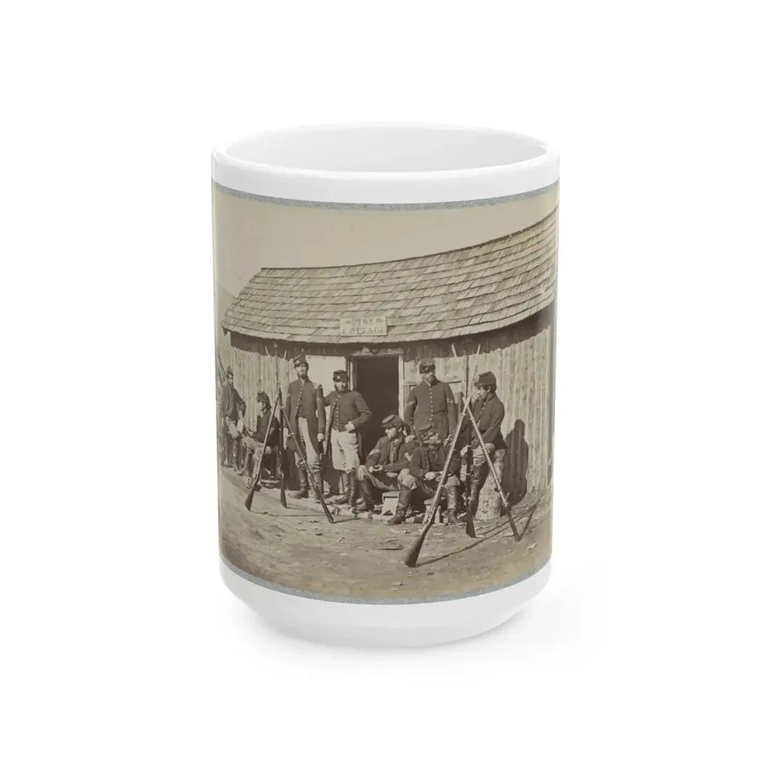 Soldiers Outside A Log Cabin Winter Quarters, Identified As  Pine Cottage (U.S. Civil War) White Coffee Mug 15oz - Go Mug Yourself