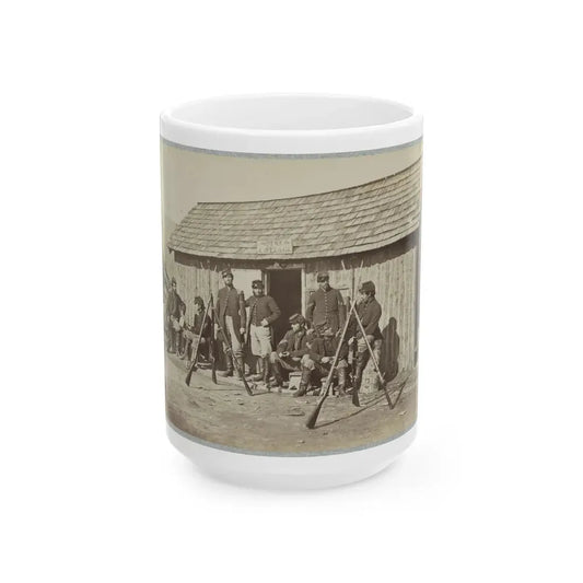 Soldiers Outside A Log Cabin Winter Quarters, Identified As  Pine Cottage (U.S. Civil War) White Coffee Mug 15oz - Go Mug Yourself