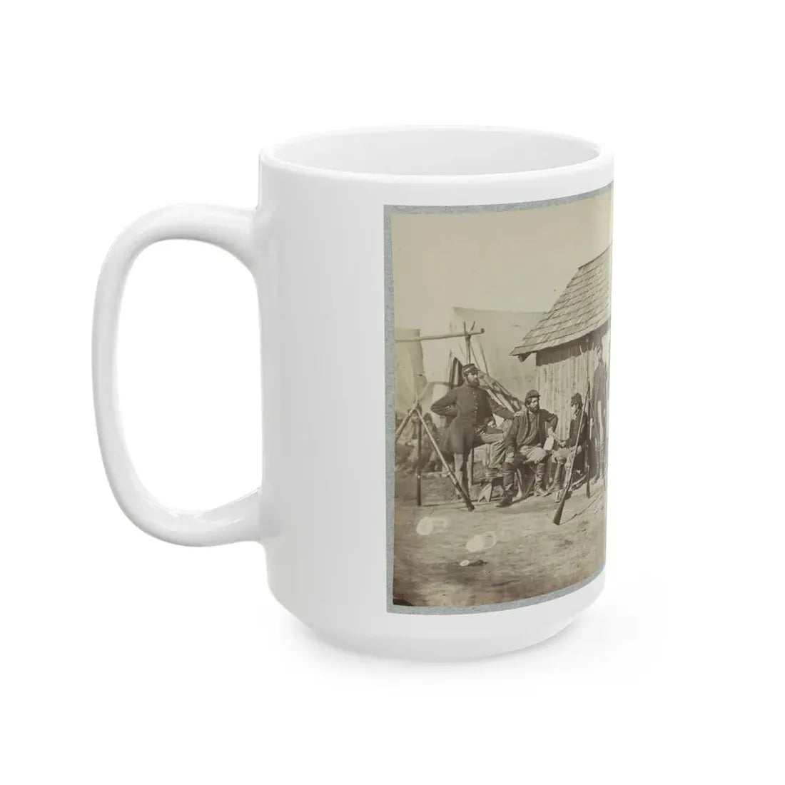 Soldiers Outside A Log Cabin Winter Quarters, Identified As  Pine Cottage (U.S. Civil War) White Coffee Mug - Go Mug Yourself