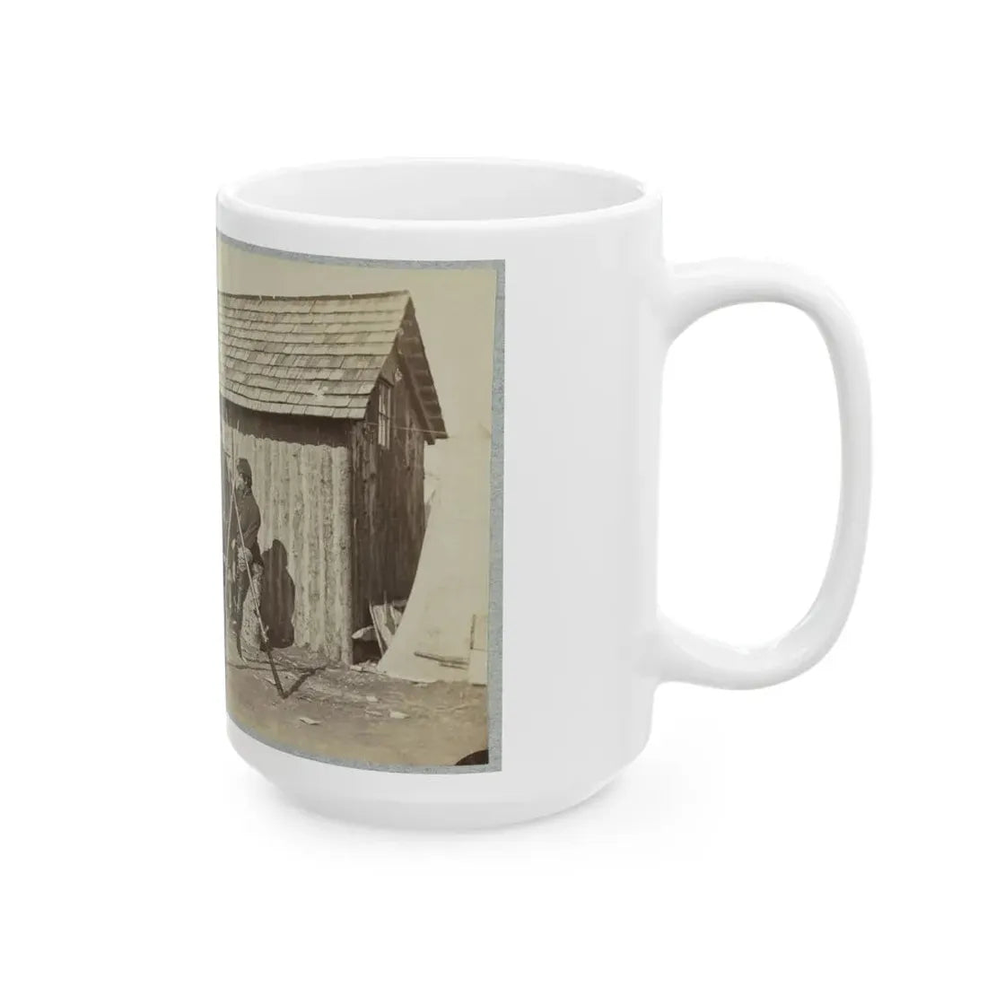 Soldiers Outside A Log Cabin Winter Quarters, Identified As  Pine Cottage (U.S. Civil War) White Coffee Mug - Go Mug Yourself