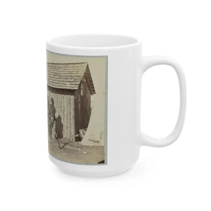 Soldiers Outside A Log Cabin Winter Quarters, Identified As  Pine Cottage (U.S. Civil War) White Coffee Mug - Go Mug Yourself