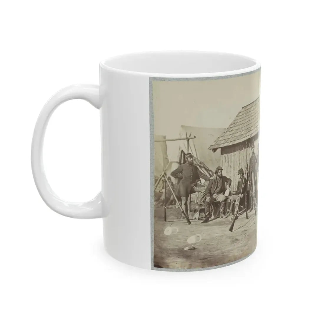 Soldiers Outside A Log Cabin Winter Quarters, Identified As  Pine Cottage (U.S. Civil War) White Coffee Mug - Go Mug Yourself