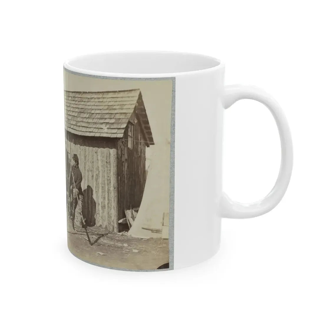 Soldiers Outside A Log Cabin Winter Quarters, Identified As  Pine Cottage (U.S. Civil War) White Coffee Mug - Go Mug Yourself