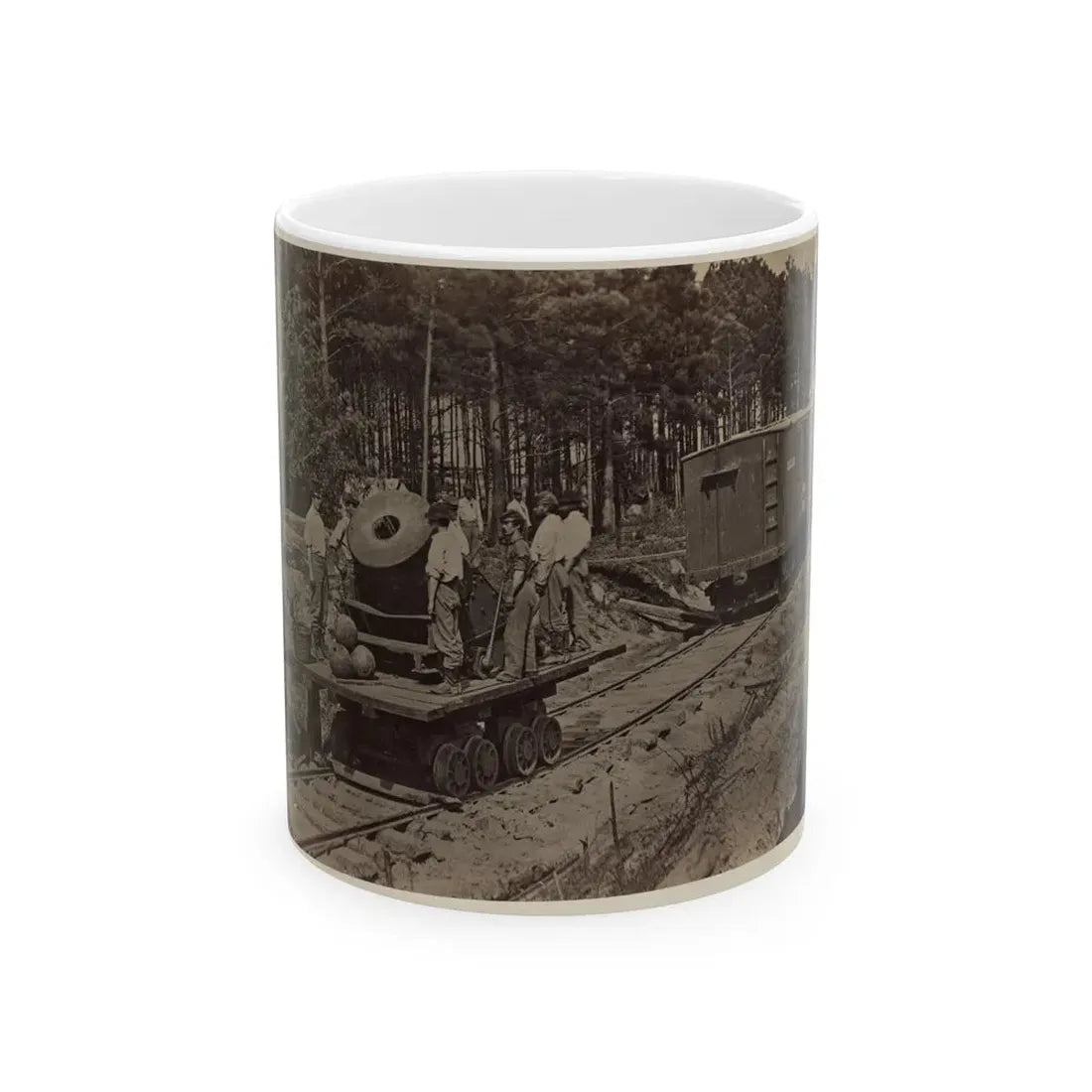 Soldiers With Cannon On Small Railroad Car (U.S. Civil War) White Coffee Mug 11oz - Go Mug Yourself