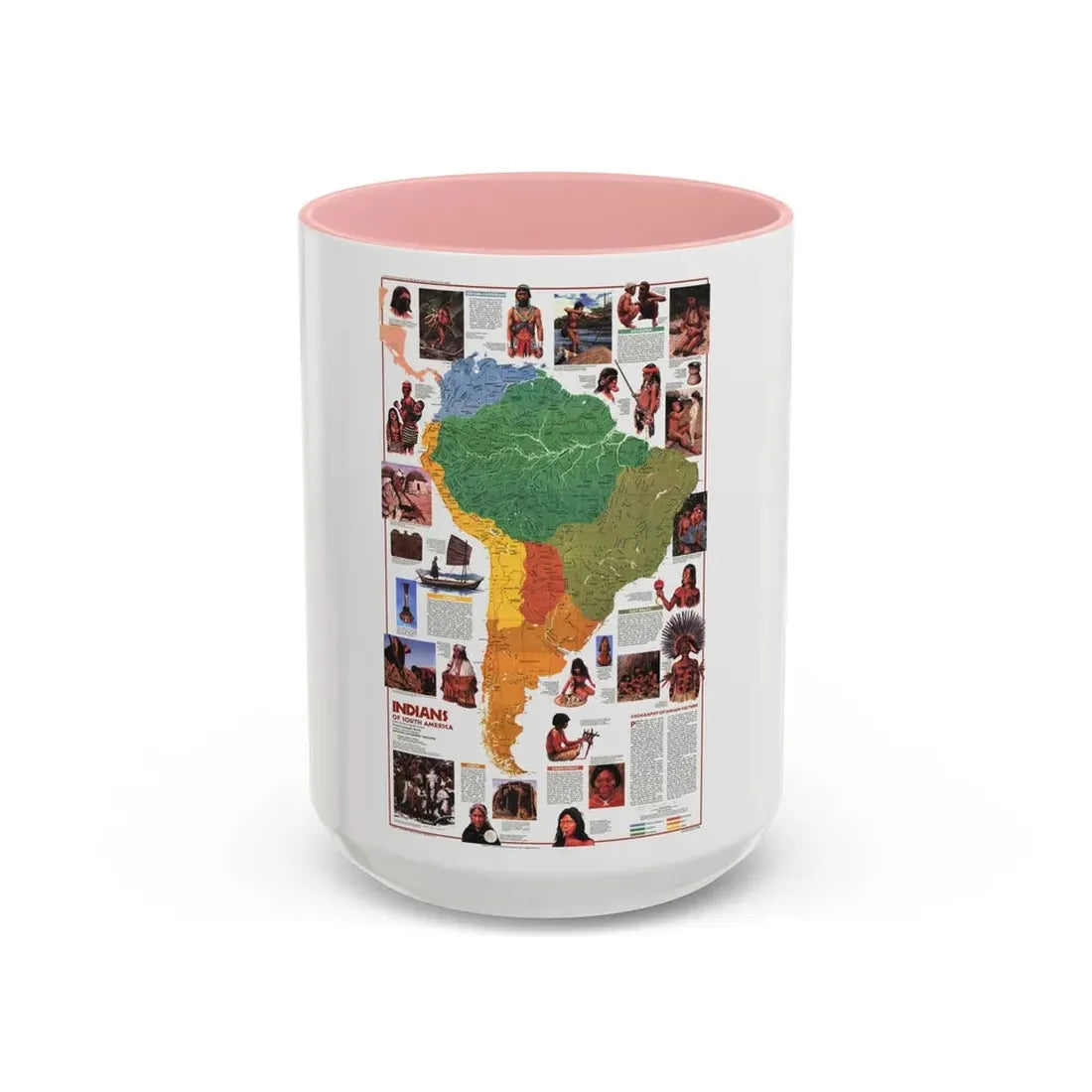 South America - Indians of (1982) (Map) Accent Coffee Mug 15oz Pink - Go Mug Yourself