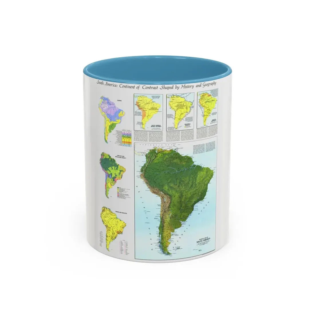 South America - Physical Map (1972) (Map) Accent Coffee Mug 11oz Light Blue - Go Mug Yourself