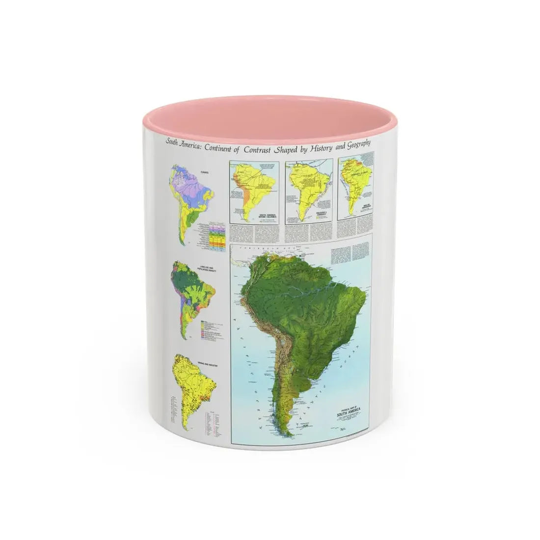 South America - Physical Map (1972) (Map) Accent Coffee Mug 11oz Pink - Go Mug Yourself