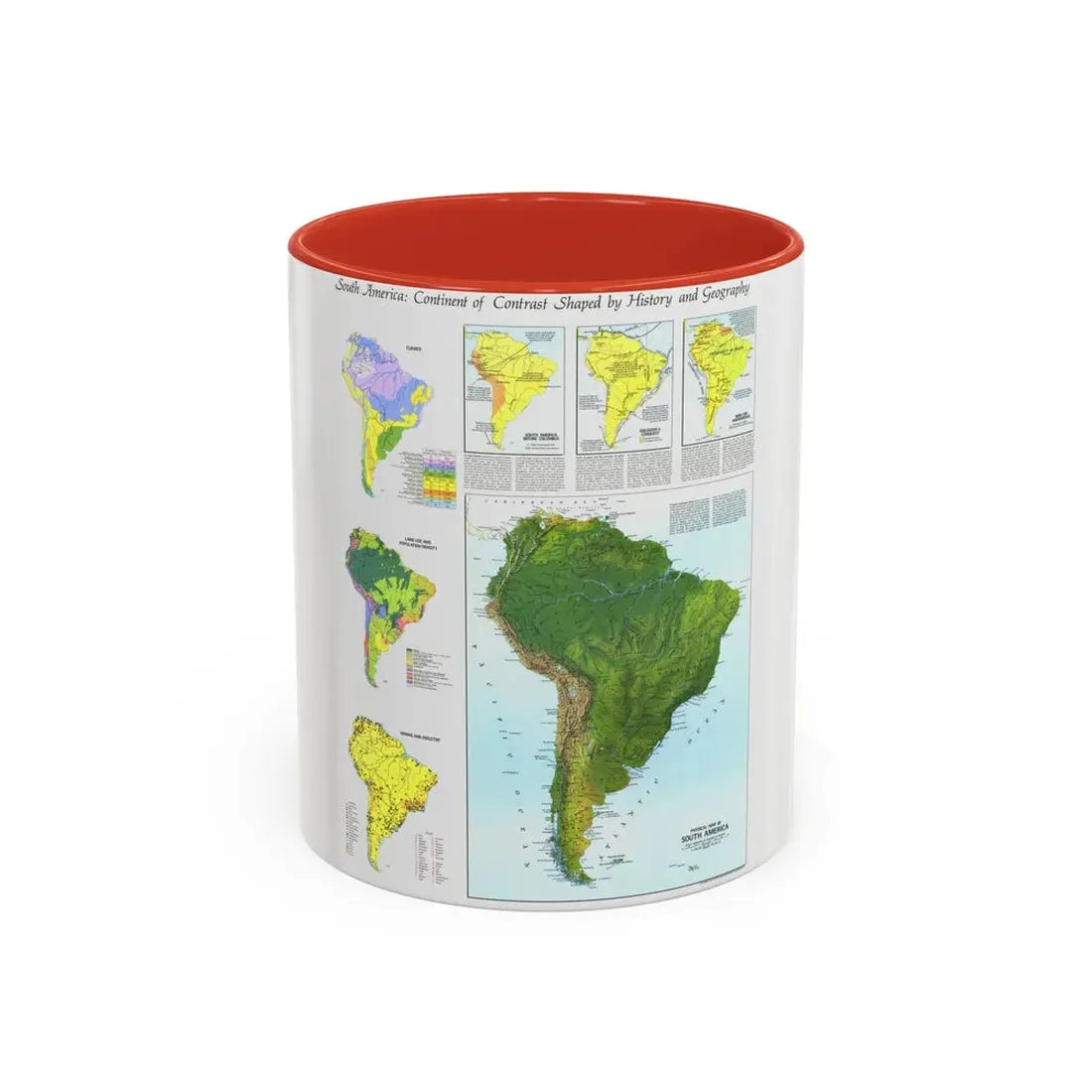 South America - Physical Map (1972) (Map) Accent Coffee Mug 11oz Red - Go Mug Yourself