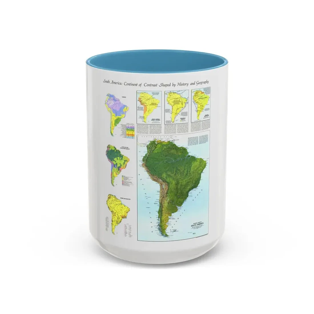 South America - Physical Map (1972) (Map) Accent Coffee Mug 15oz Light Blue - Go Mug Yourself