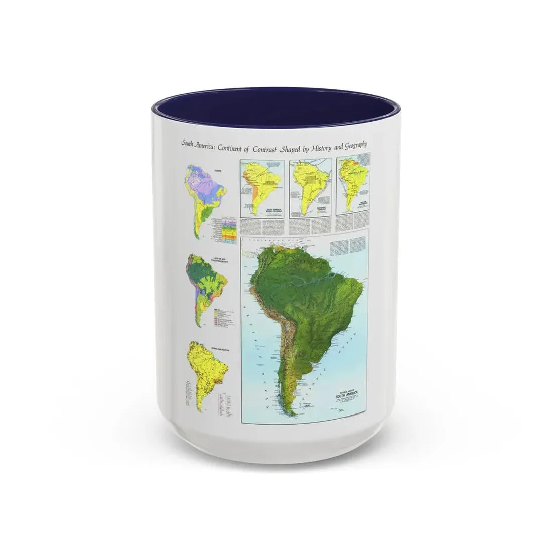 South America - Physical Map (1972) (Map) Accent Coffee Mug 15oz Navy - Go Mug Yourself