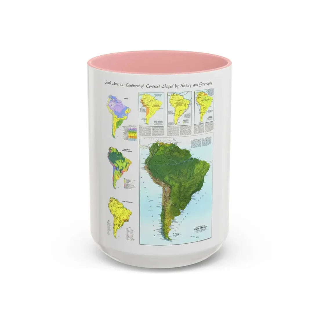 South America - Physical Map (1972) (Map) Accent Coffee Mug 15oz Pink - Go Mug Yourself