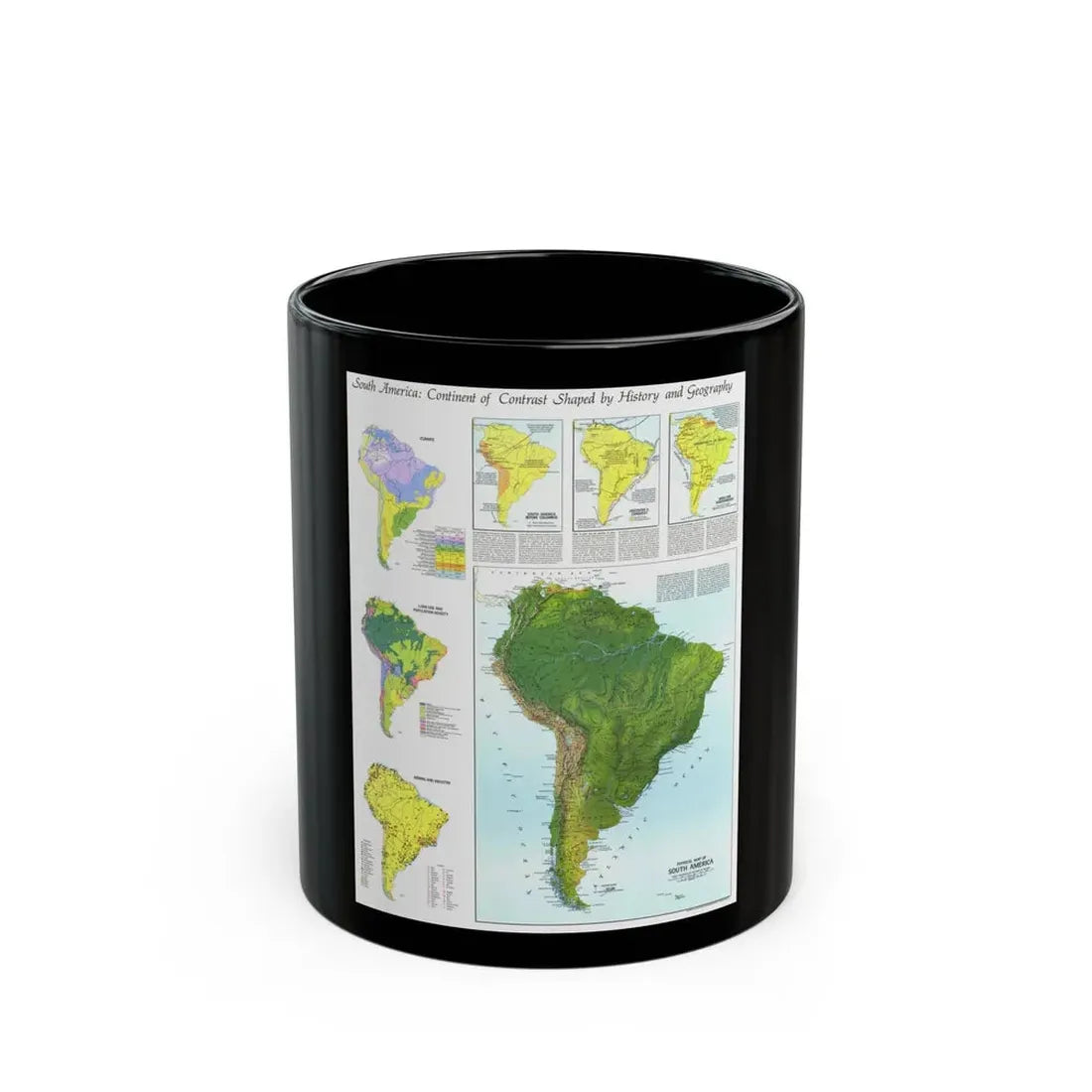 South America - Physical Map (1972) (Map) Black Coffee Mug 11oz - Go Mug Yourself