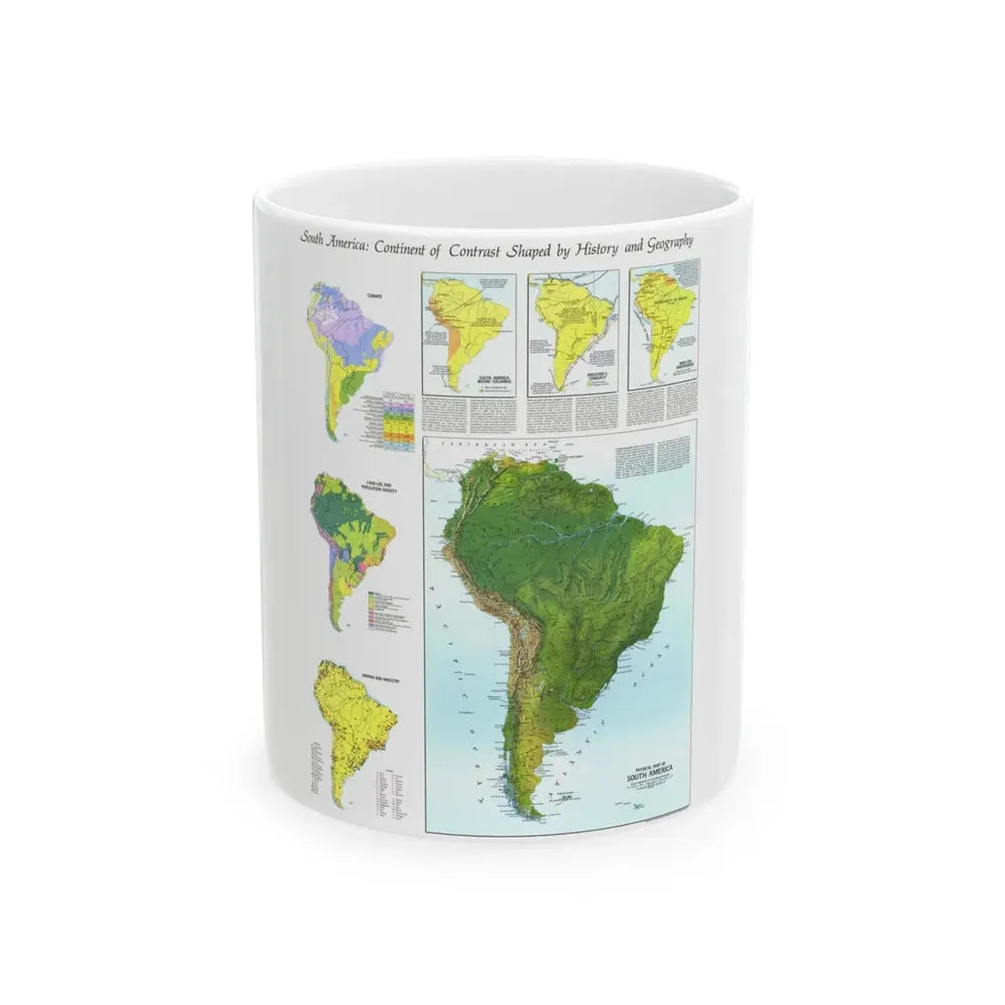 South America - Physical Map (1972) (Map) White Coffee Mug 11oz - Go Mug Yourself