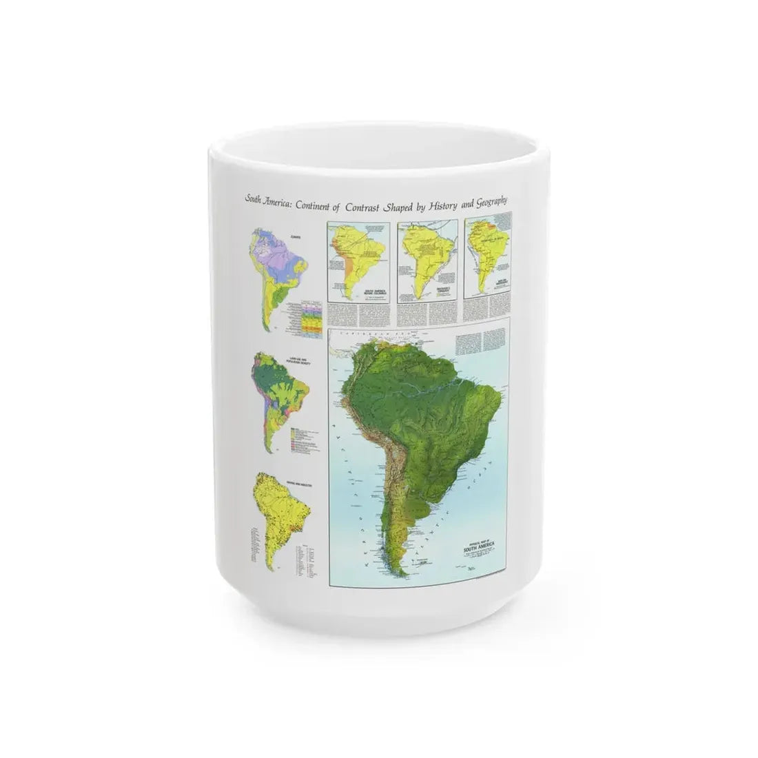 South America - Physical Map (1972) (Map) White Coffee Mug 15oz - Go Mug Yourself