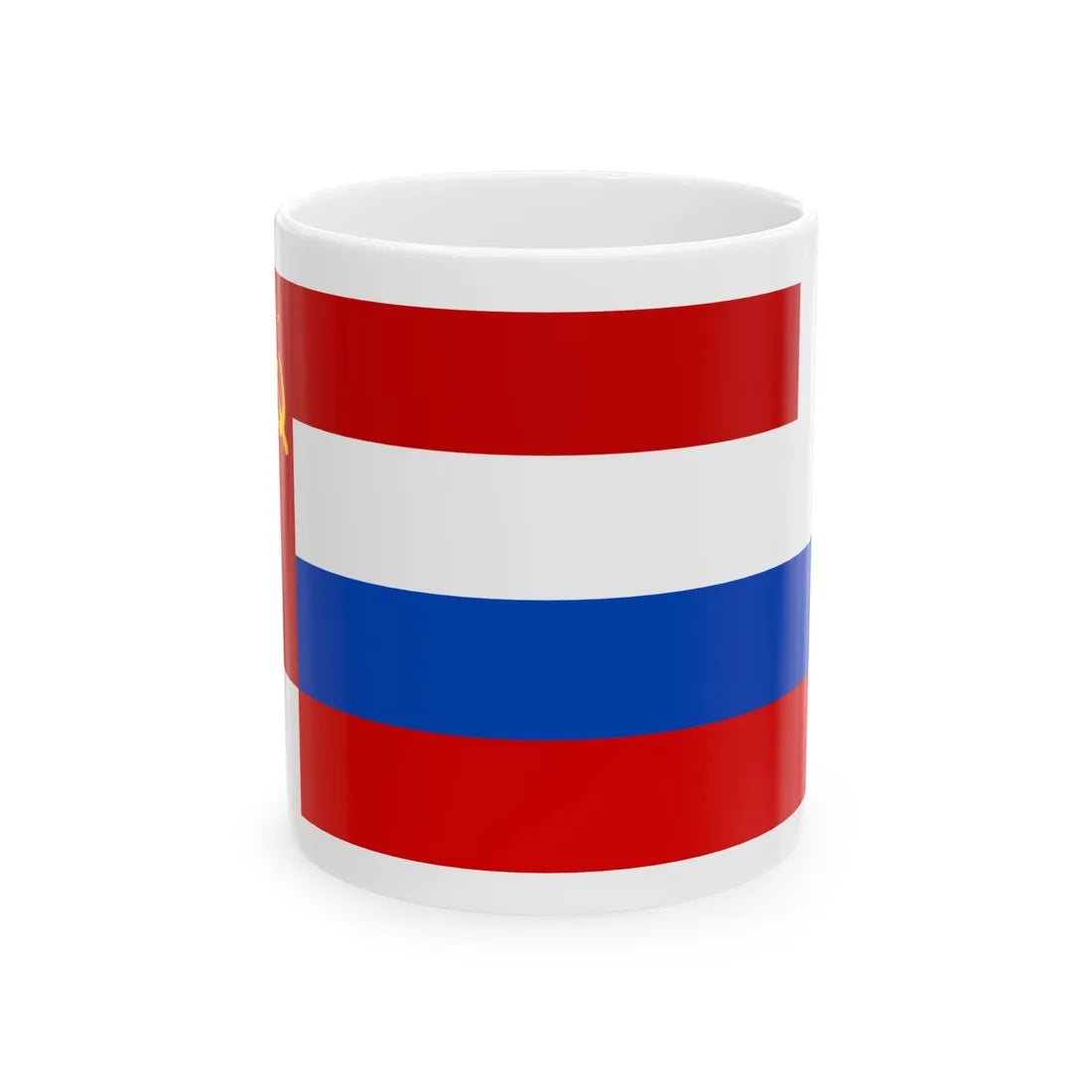 Soviet Union banner behind Russian tricolor (Russia) White Coffee Mug 11oz - Go Mug Yourself