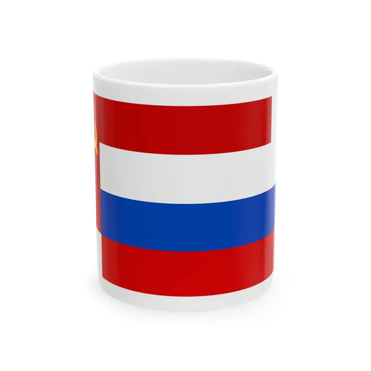 Soviet Union banner behind Russian tricolor (Russia) White Coffee Mug 11oz - Go Mug Yourself