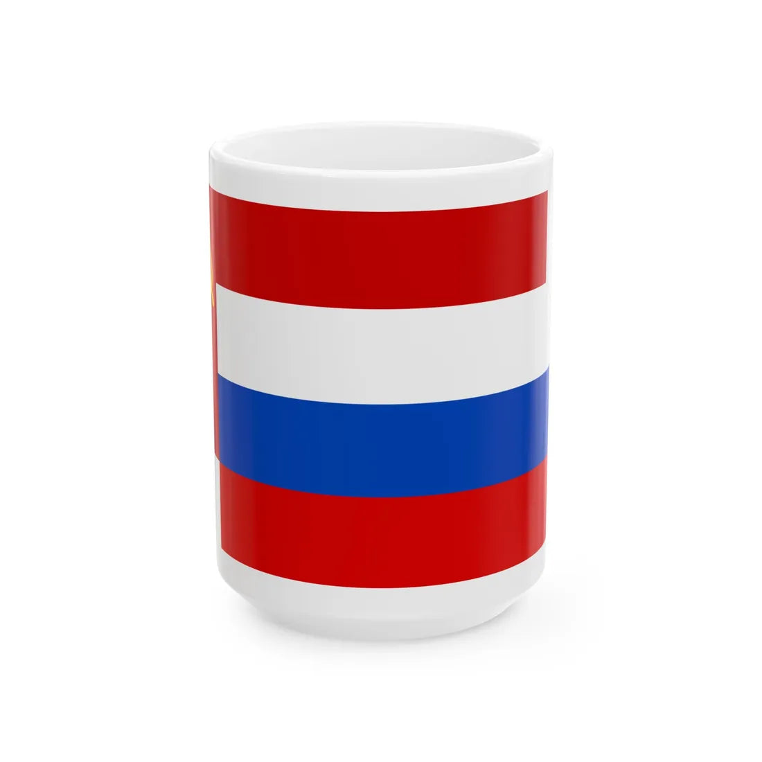Soviet Union banner behind Russian tricolor (Russia) White Coffee Mug 15oz - Go Mug Yourself