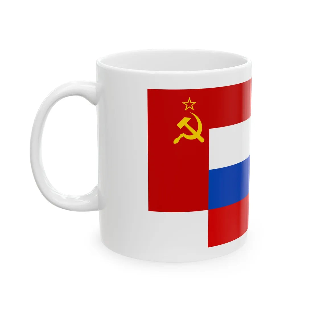 Soviet Union banner behind Russian tricolor (Russia) White Coffee Mug - Go Mug Yourself