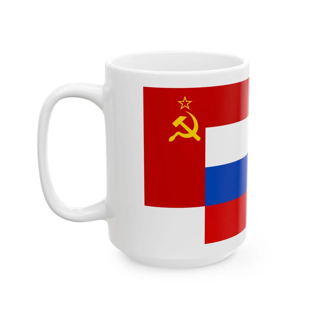Soviet Union banner behind Russian tricolor (Russia) White Coffee Mug - Go Mug Yourself