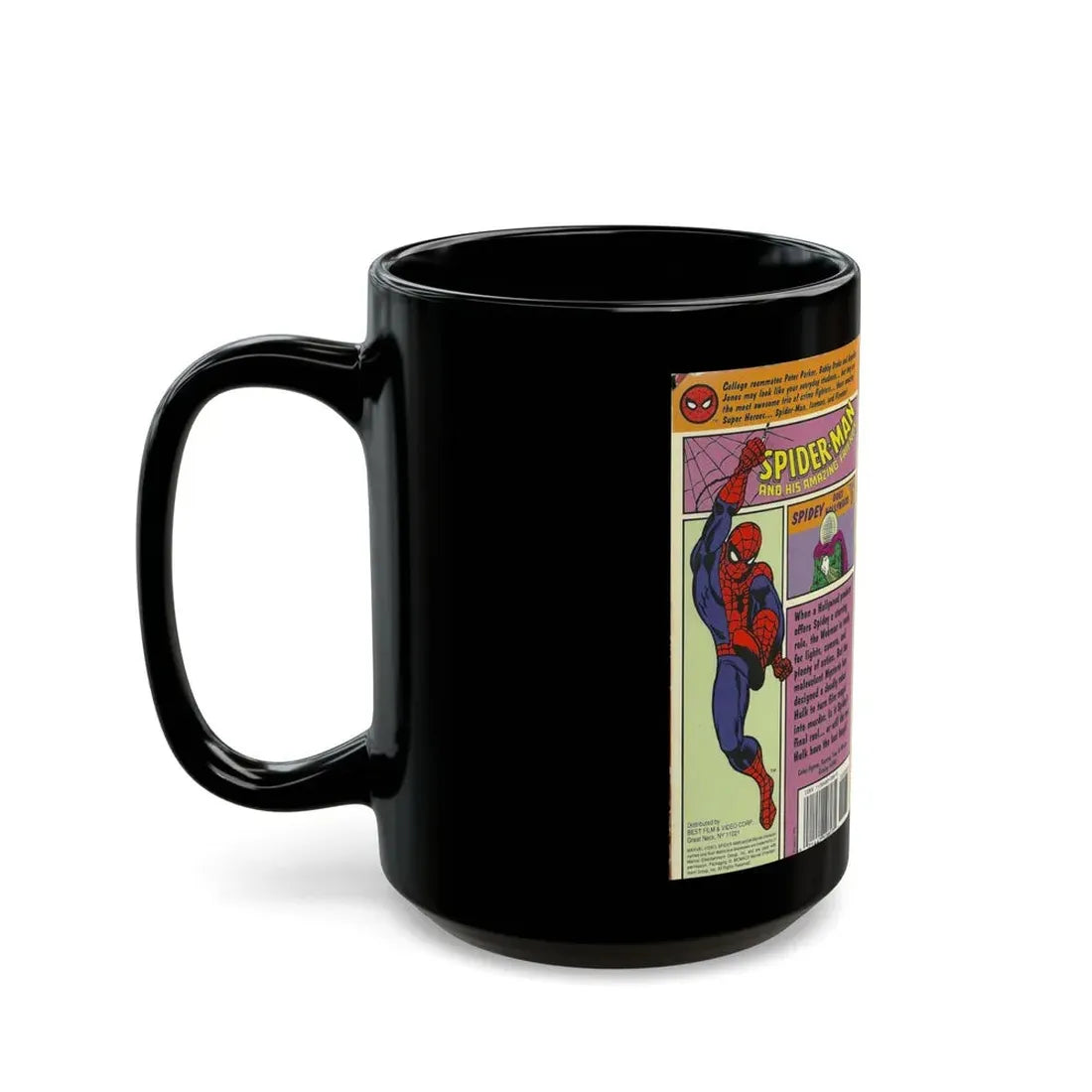 SPIDER MAN AND HIS AMAZING FRIENDS SPIDEY GOES HOLLYWOOD (VHS COVER) - Black Coffee Mug - Go Mug Yourself