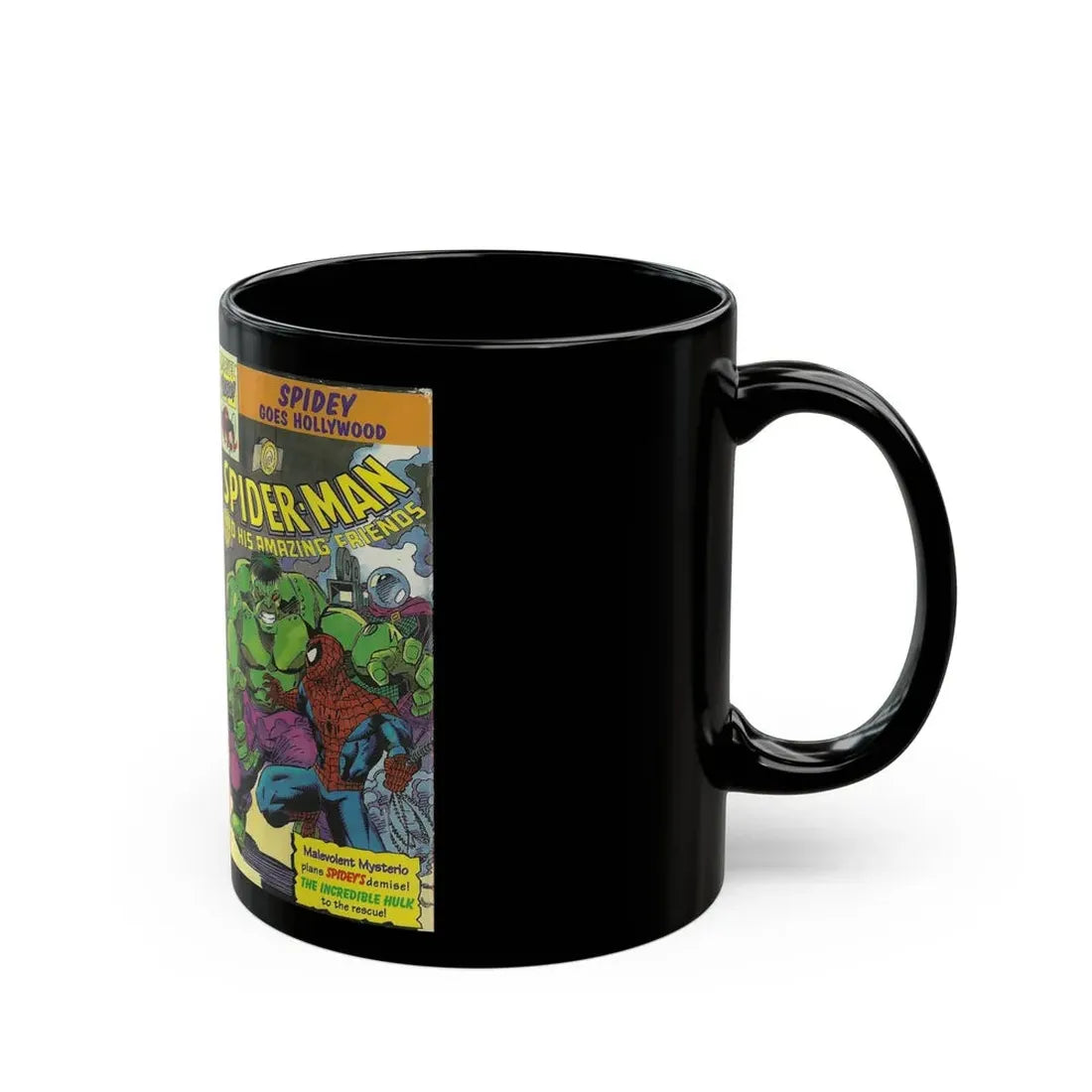 SPIDER MAN AND HIS AMAZING FRIENDS SPIDEY GOES HOLLYWOOD (VHS COVER) - Black Coffee Mug - Go Mug Yourself