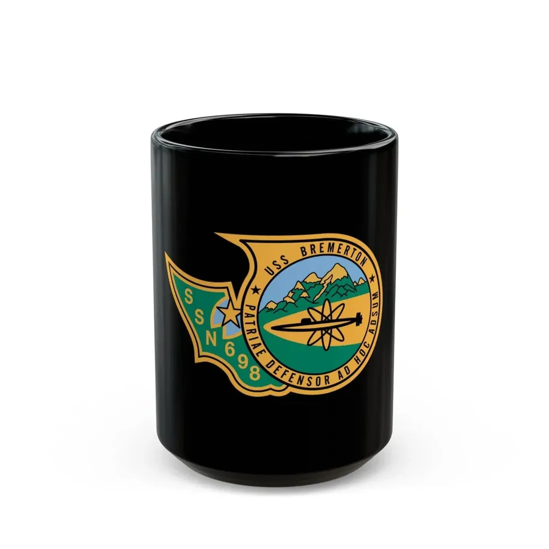 SSN 698 USS Bremerton Patriae Defensor AD Hoc Adsum (U.S. Navy) Black Coffee Mug 15oz - Go Mug Yourself