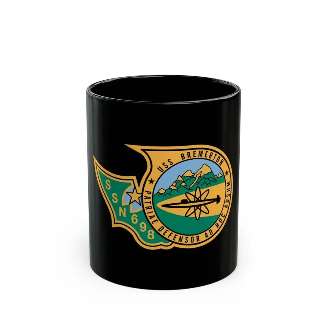 SSN 698 USS Bremerton Patriae Defensor AD Hoc Adsum (U.S. Navy) Black Coffee Mug - Go Mug Yourself