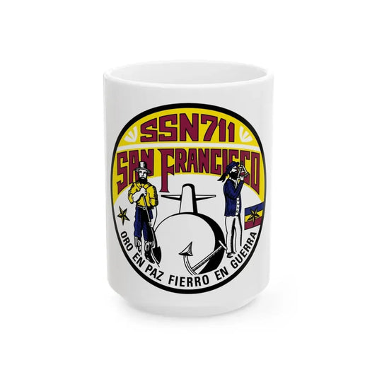 SSN711 San Francisco Oro En Paz Fierro En Guerra (U.S. Navy) White Coffee Mug 15oz - Go Mug Yourself
